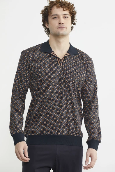 Rahat Kalıp Desenli Pijama Takım - Kahve - 4