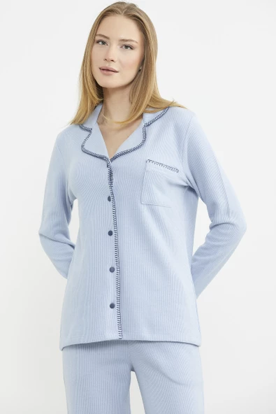 Düğmeli Gömlek Model Pijama Takım - Mavi - 3