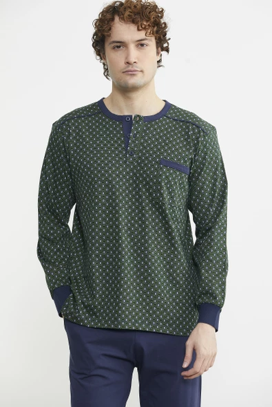 Desen Kombinli Cepli Pijama Takım - Yeşil - 4