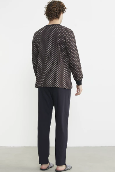 Desen Kombinli Cepli Pijama Takım - Kahve - 6