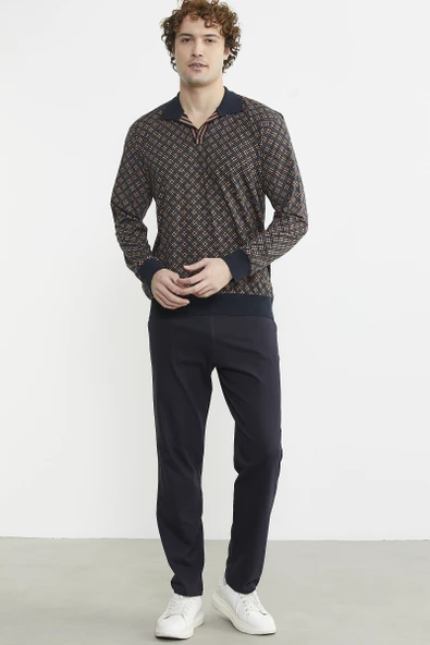 Rahat Kalıp Desenli Pijama Takım - Kahve - 5