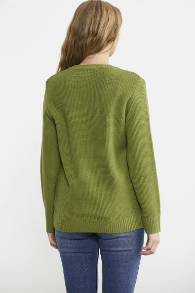 V Yaka Motifli Yünlü Triko Kazak - Yeşil - Resim 5