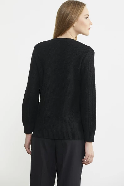 V Yaka Motifli Yünlü Triko Kazak - Siyah - 5