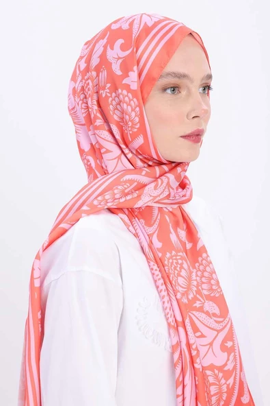 Turuncu-Pembe-Desenli Twill Şal - Resim 3