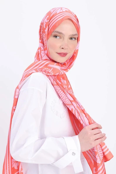 Turuncu-Pembe-Desenli Twill Şal - Resim 2