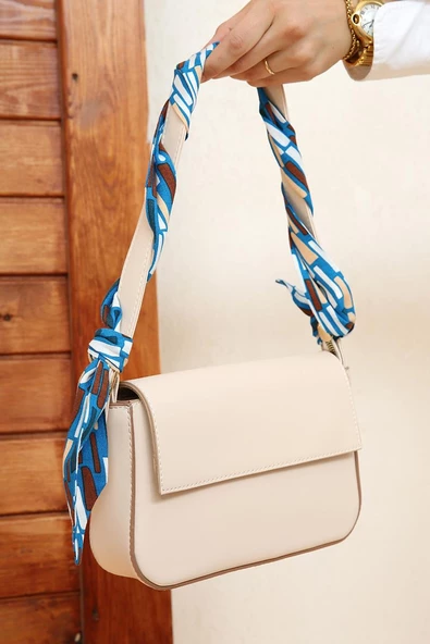 Koyu Mavi-Ekru-Emprime Desenli Çok Kullanımlı Fular - Resim 3