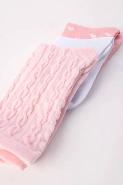 Pembe-Beyaz-Pembe-3 Lü Soket Çorap Set