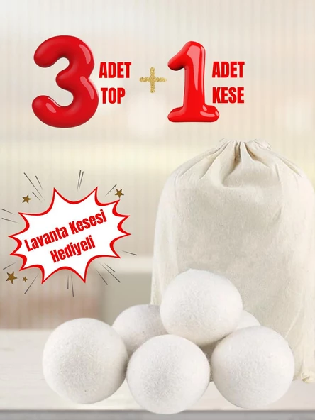 3 lü kurutma makinası topu 3 top+1 kese yün keçe doğal çamaşır yılbaşı