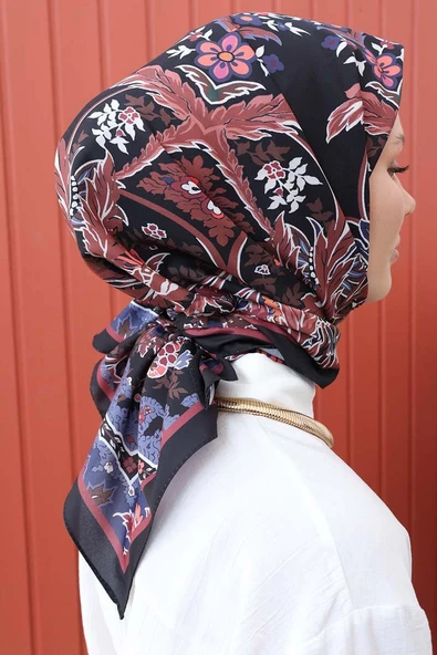 Siyah-Desenli İpeksi Pamuk Eşarp - Resim 3