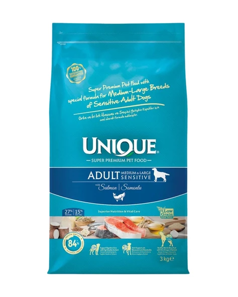 Unique Sensitive Orta ve İri Irk Yetişkin Köpek Maması Somonlu 3 kg