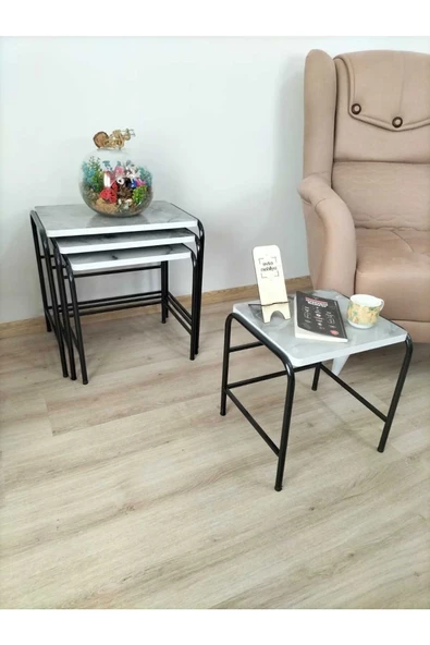 Buket Sehpa, 4'lü Zigon Sehpa, Servis Sehpası, İç İçe Geçen Sehpa, Dörtlü Sehpa, Metal Sehpa, Akşap - Resim 2