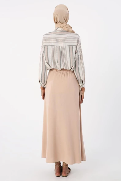 Koyu Bej-Beli Lastikli Bağlama Detaylı Pamuklu Etek - Resim 4