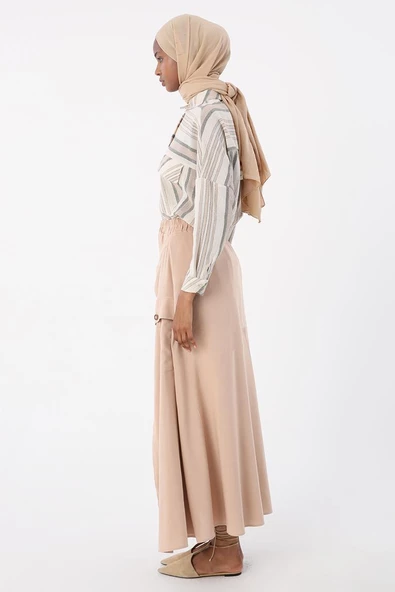 Koyu Bej-Beli Lastikli Bağlama Detaylı Pamuklu Etek - Resim 3