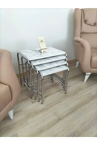 Buket Sehpa, 4'lü Zigon Sehpa, Servis Sehpası, İç İçe Geçen Sehpa, Dörtlü Sehpa, Metal Sehpa,  Ahşap - Resim 6