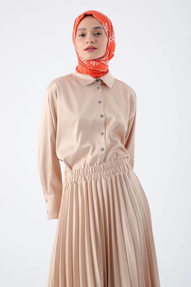 Taş-Beli Lastikli Piliseli Rahat Kalıp Saten Etek - Resim 7