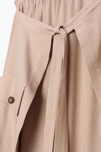 Koyu Bej-Beli Lastikli Bağlama Detaylı Pamuklu Etek - Resim 6