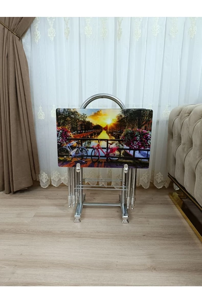 Çanta Zigon Sehpa, 4'lü Sehpa, Servis Sehpası, Camlı Sehpa, Krom Sehpa, Katlanır Sehpa - Resim 2