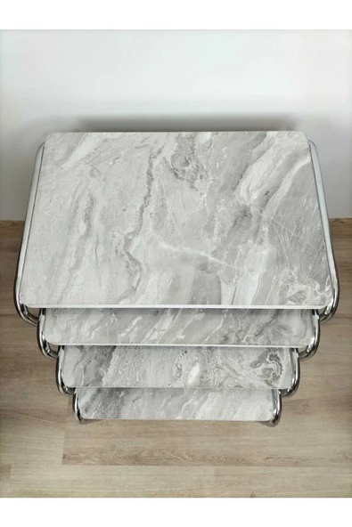 Buket Sehpa, 4'lü Zigon Sehpa, Servis Sehpası, İç İçe Geçen Sehpa, Dörtlü Sehpa, Metal Sehpa,  Ahşap - Resim 4