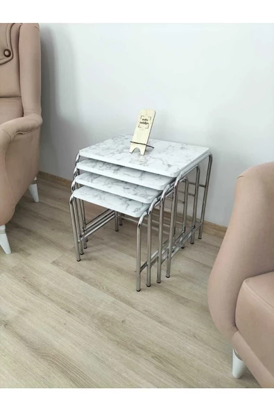 Buket Sehpa, 4'lü Zigon Sehpa, Servis Sehpası, İç İçe Geçen Sehpa, Dörtlü Sehpa, Metal Sehpa,  Ahşap - Resim 5