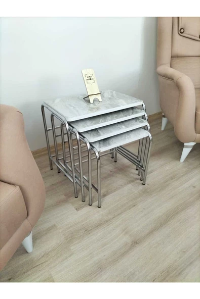 Buket Sehpa, 4'lü Zigon Sehpa, Servis Sehpası, İç İçe Geçen Sehpa, Dörtlü Sehpa, Metal Sehpa,  Ahşap - Resim 6