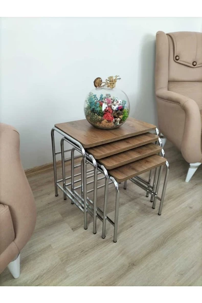 Buket Sehpa, 4'lü Zigon Sehpa, Servis Sehpası, İç İçe Geçen Sehpa, Dörtlü Sehpa, Metal Sehpa,  Ahşap
