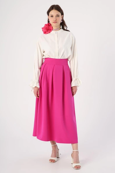Fuşya-Rahat Kalıp Pileli Fermuarlı Etek - Resim 2