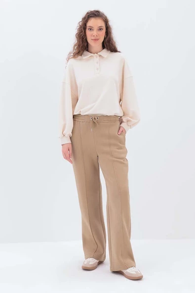 Bej-NERVÜRLÜ GENİŞ PAÇA EŞOFMAN ALTI ürün görseli 1