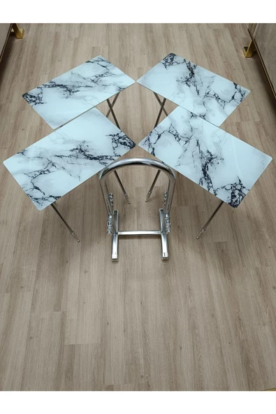 Çanta Zigon Sehpa, 4'lü Sehpa, Servis Sehpası, Camlı Sehpa, Krom Sehpa, Katlanır Sehpa - Resim 6