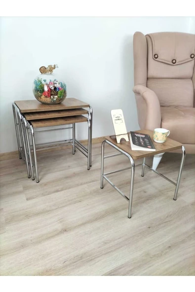 Buket Sehpa, 4'lü Zigon Sehpa, Servis Sehpası, İç İçe Geçen Sehpa, Dörtlü Sehpa, Metal Sehpa,  Ahşap - Resim 2