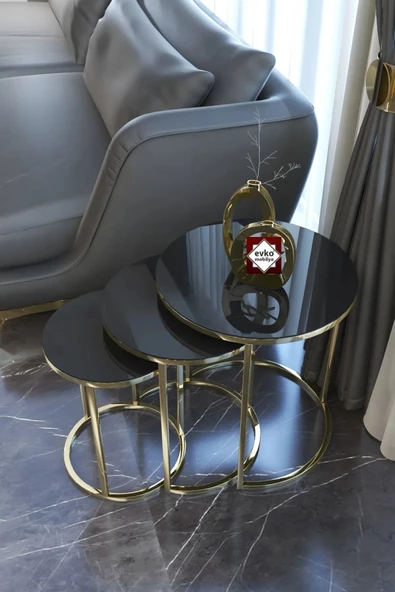 3'lü Zigon Sehpa Gold Kırılmaz Temperli Camlı, Servis Sehpası, Salon Sehpası - 4