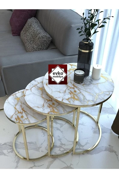 3'lü Zigon Sehpa Gold Kırılmaz Temperli Camlı, Servis Sehpası, Salon Sehpası - 2
