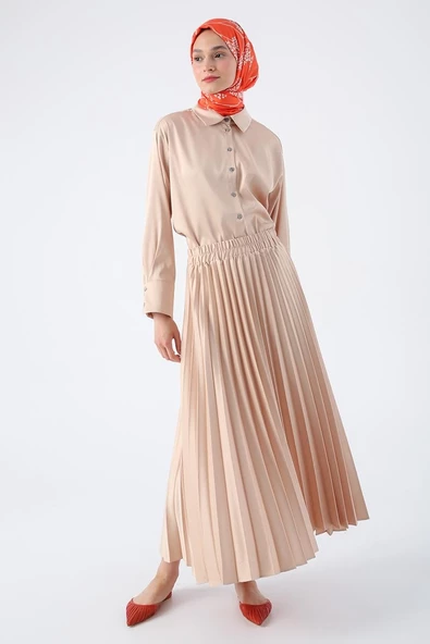 Taş-Beli Lastikli Piliseli Rahat Kalıp Saten Etek ürün görseli 1