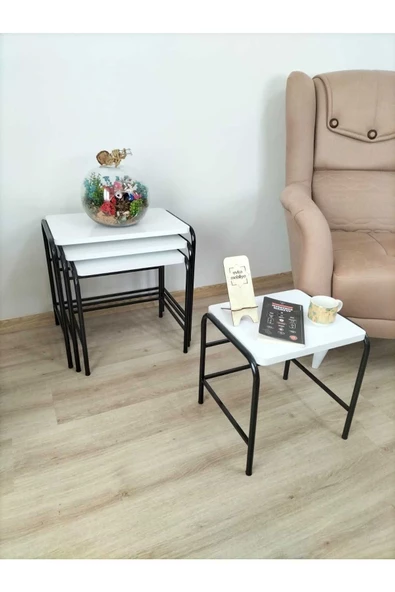 Buket Sehpa, 4'lü Zigon Sehpa, Servis Sehpası, İç İçe Geçen Sehpa, Dörtlü Sehpa, Metal Sehpa, Akşap - 2