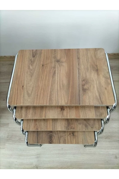 Buket Sehpa, 4'lü Zigon Sehpa, Servis Sehpası, İç İçe Geçen Sehpa, Dörtlü Sehpa, Metal Sehpa,  Ahşap - Resim 4