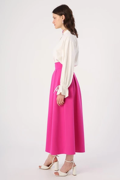 Fuşya-Rahat Kalıp Pileli Fermuarlı Etek - Resim 3