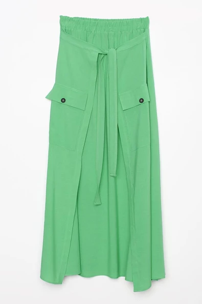 Soft Yeşil-Beli Lastikli Bağlama Detaylı Pamuklu Etek - Resim 7