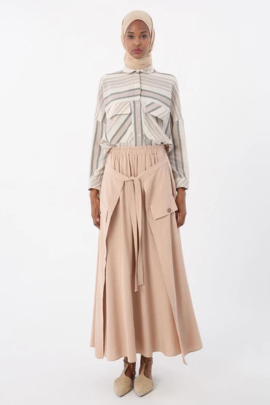 Koyu Bej-Beli Lastikli Bağlama Detaylı Pamuklu Etek - Resim 2