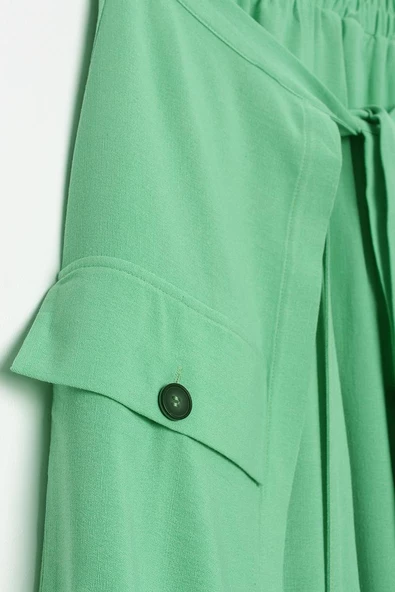 Soft Yeşil-Beli Lastikli Bağlama Detaylı Pamuklu Etek - Resim 6