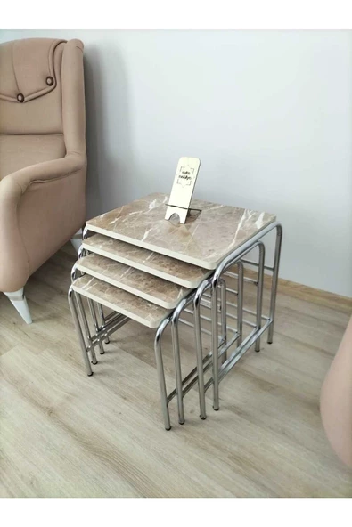 Buket Sehpa, 4'lü Zigon Sehpa, Servis Sehpası, İç İçe Geçen Sehpa, Dörtlü Sehpa, Metal Sehpa,  Ahşap - Resim 5