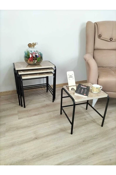 Buket Sehpa, 4'lü Zigon Sehpa, Servis Sehpası, İç İçe Geçen Sehpa, Dörtlü Sehpa, Metal Sehpa, Akşap - Resim 2