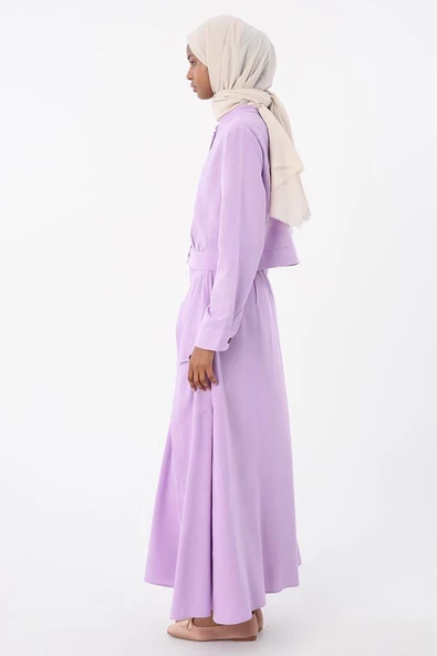 Lila-Beli Lastikli Bağlama Detaylı Pamuklu Etek - Resim 3