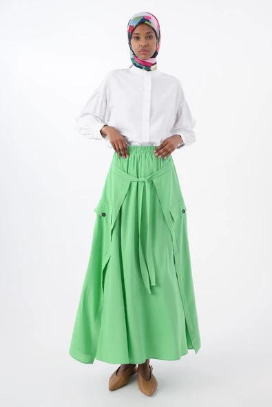 Soft Yeşil-Beli Lastikli Bağlama Detaylı Pamuklu Etek - Resim 2
