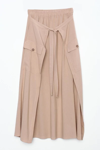 Koyu Bej-Beli Lastikli Bağlama Detaylı Pamuklu Etek - Resim 7