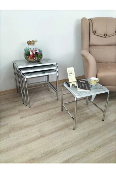 Buket Sehpa, 4'lü Zigon Sehpa, Servis Sehpası, İç İçe Geçen Sehpa, Dörtlü Sehpa, Metal Sehpa,  Ahşap - Resim 2