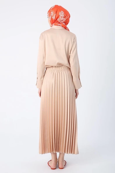 Taş-Beli Lastikli Piliseli Rahat Kalıp Saten Etek - Resim 4