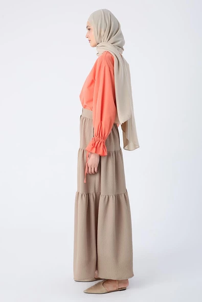 Camel-Düğmeli Beli Lastikli Fırfırlı Likralı Bürümcük Etek - 3
