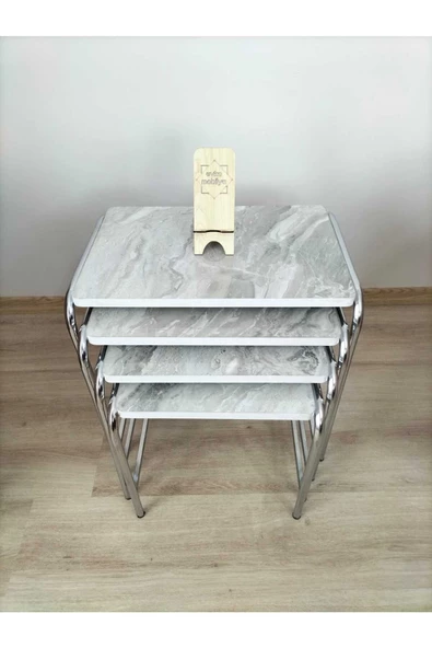 Buket Sehpa, 4'lü Zigon Sehpa, Servis Sehpası, İç İçe Geçen Sehpa, Dörtlü Sehpa, Metal Sehpa,  Ahşap - Resim 3