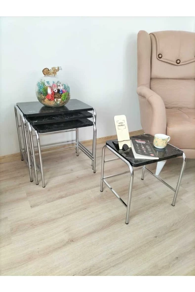 Buket Sehpa, 4'lü Zigon Sehpa, Servis Sehpası, İç İçe Geçen Sehpa, Dörtlü Sehpa, Metal Sehpa,  Ahşap - Resim 2