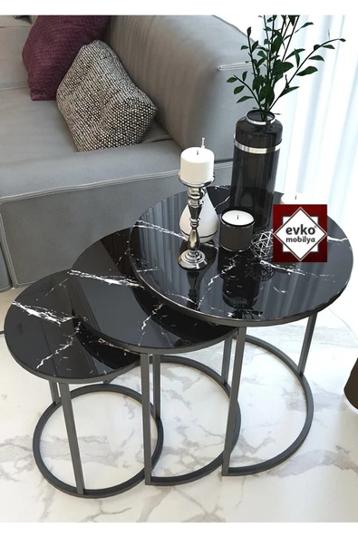 3'lü Zigon, Metal Statik Boyalı, Kırılmaz Temperli Camlı, Servis Sehpası, Salon Sehpası - Resim 2