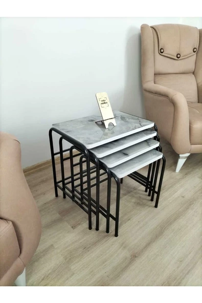 Buket Sehpa, 4'lü Zigon Sehpa, Servis Sehpası, İç İçe Geçen Sehpa, Dörtlü Sehpa, Metal Sehpa, Akşap - Resim 6